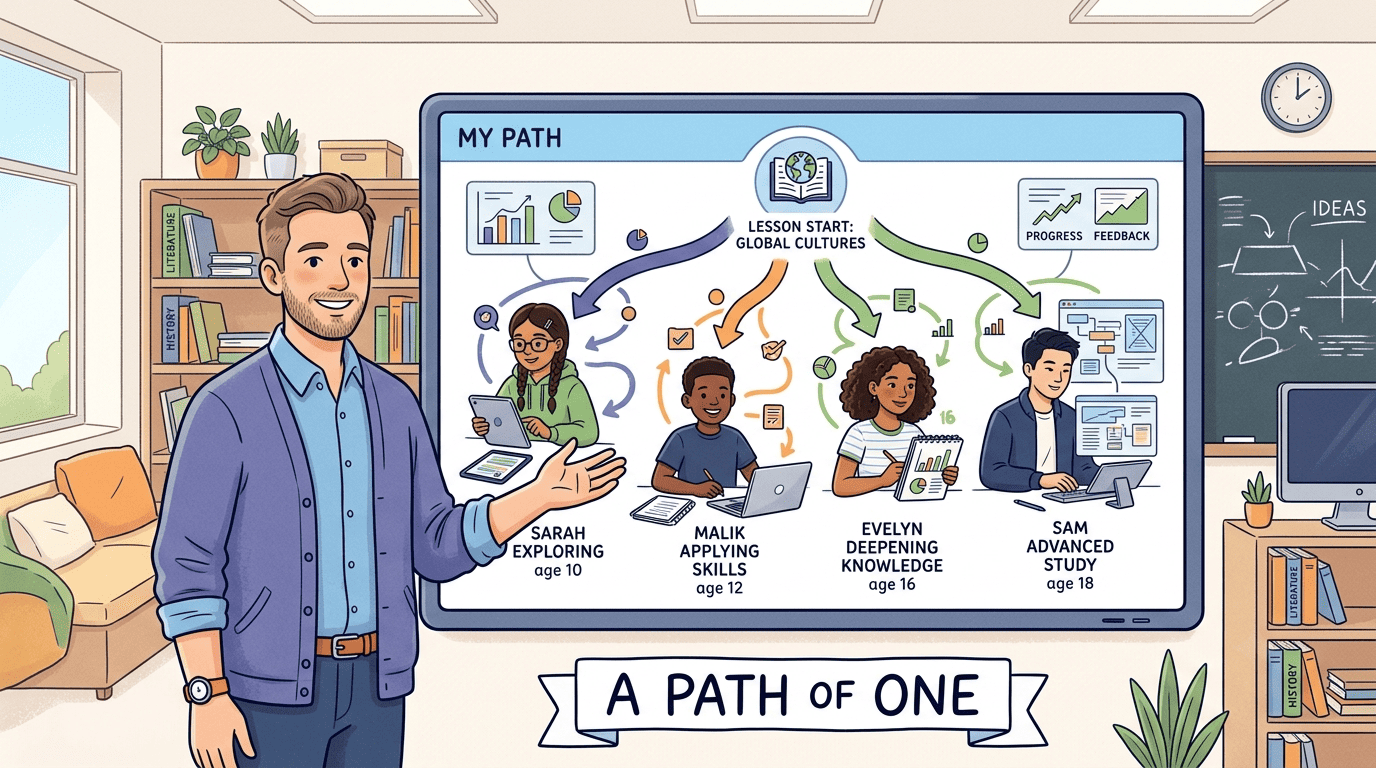 An AI teacher showing several students each on their own personalized learning path from the same starting lesson