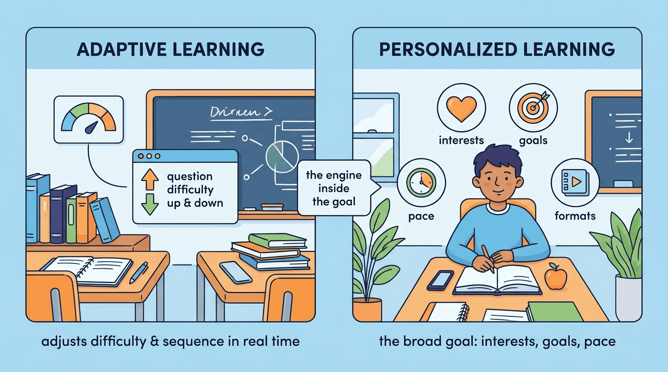 Comparison of adaptive learning, which adjusts difficulty and sequence in real time, versus personalized learning, the broad goal