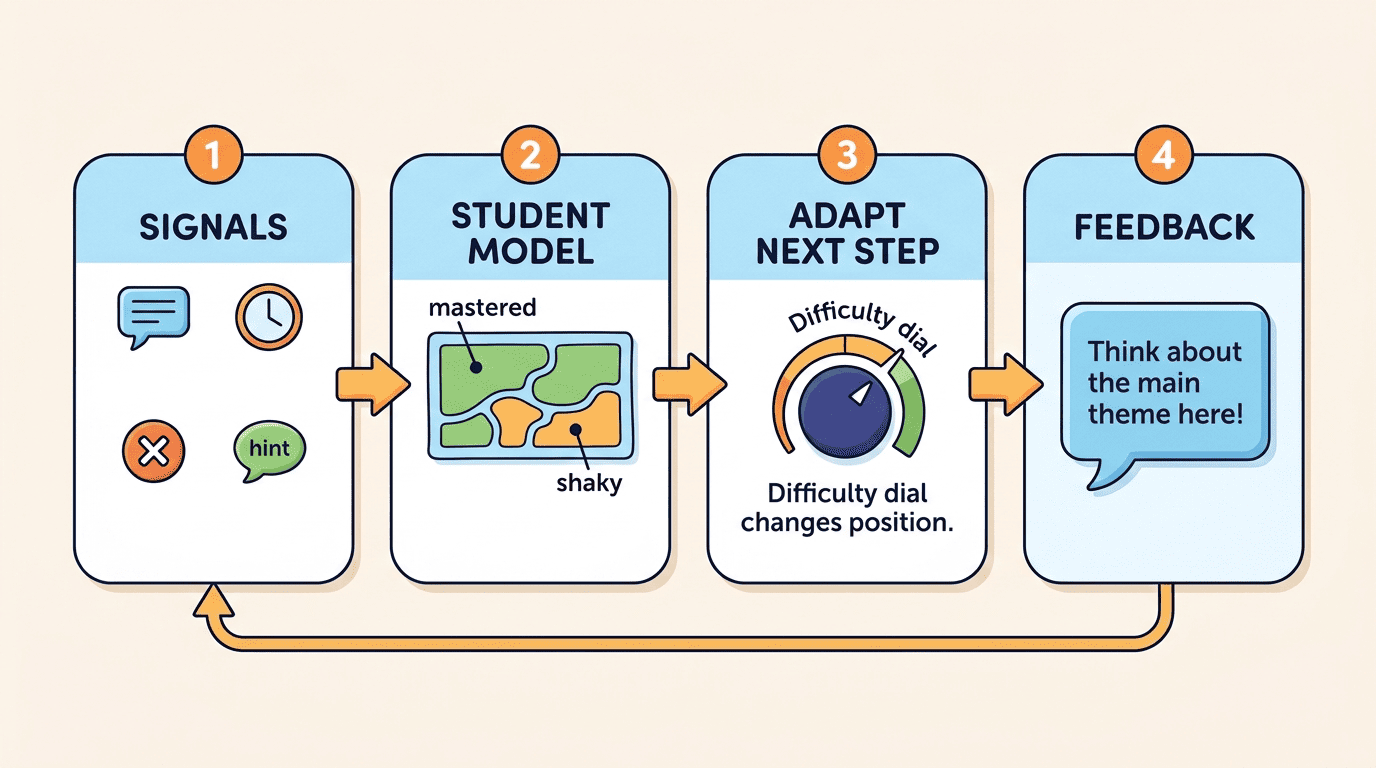A four-step loop: read signals, update the student model, adapt the next step, give feedback, then repeat