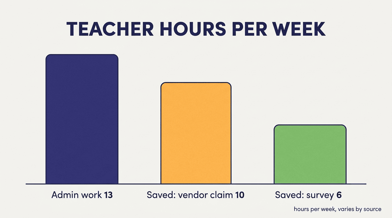 Bar chart of teacher hours per week: admin work 13, saved by vendor claim 10, saved by survey 6