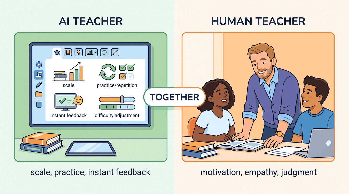 AI teacher handles scale, practice and instant feedback; human teacher handles motivation, empathy and judgment; they work together