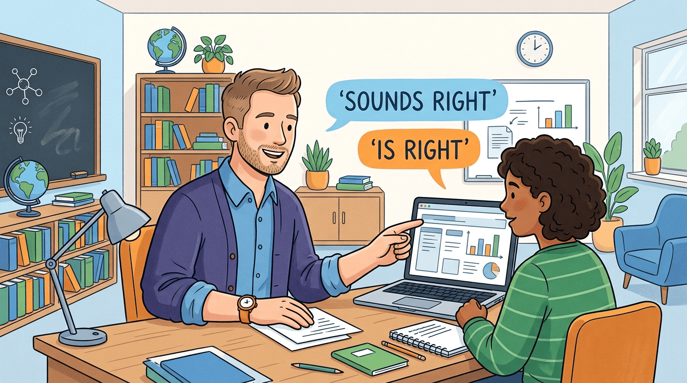Leo the AI teacher and a student comparing a sounds-right answer versus an is-right answer