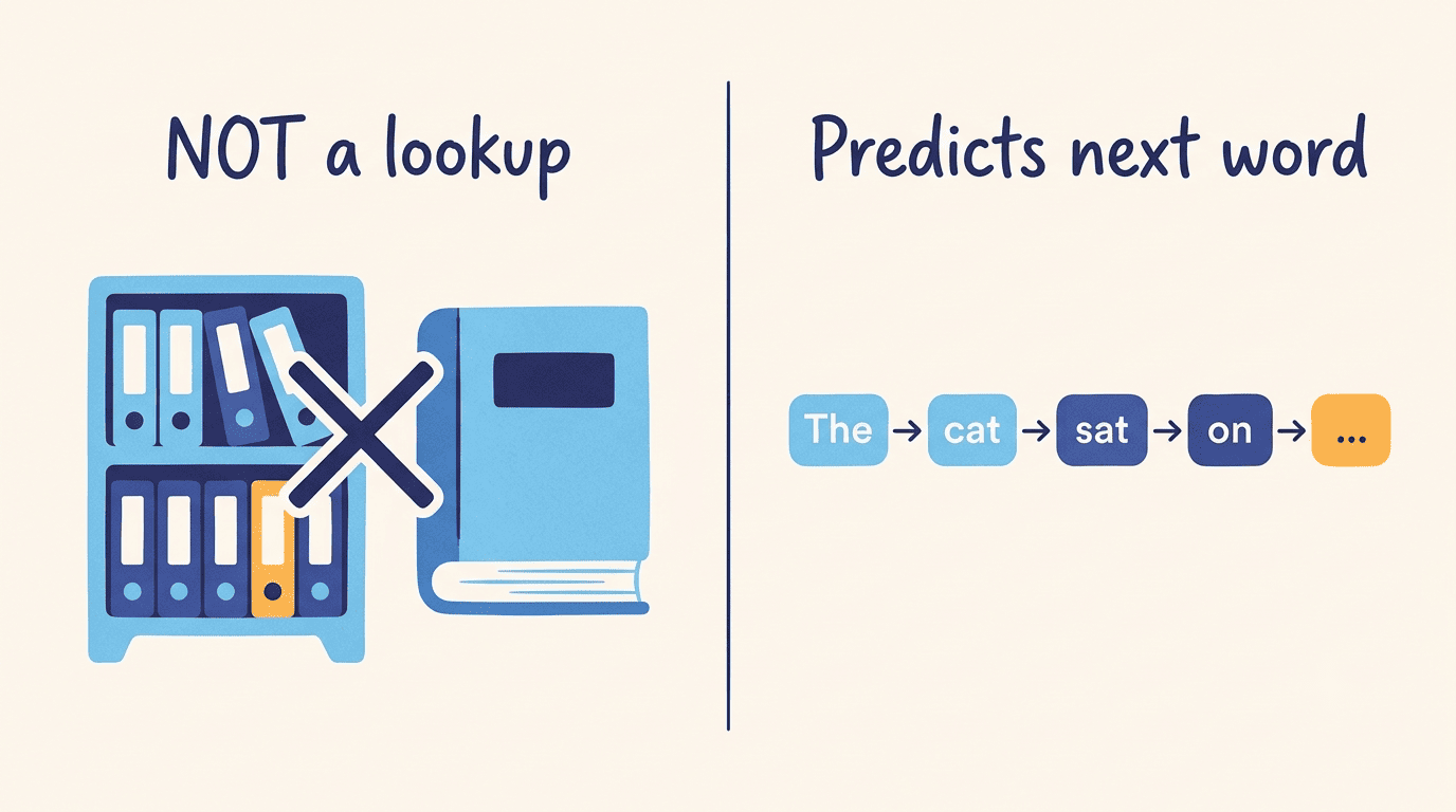 Split diagram contrasting a database lookup with predicting the next word one tile at a time