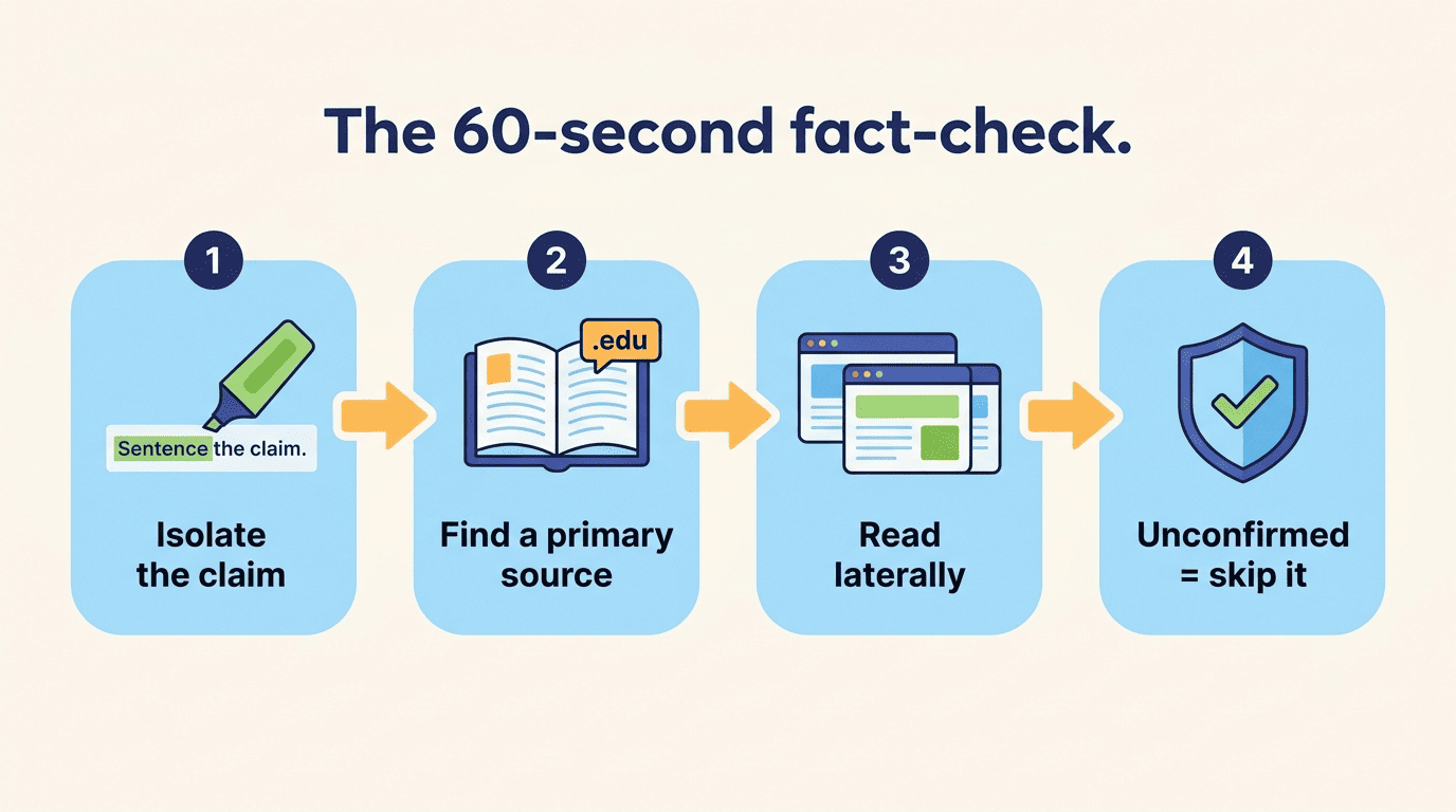 Four-step verification flow for fact-checking an AI teacher answer: isolate, find a source, read laterally, skip if unconfirmed