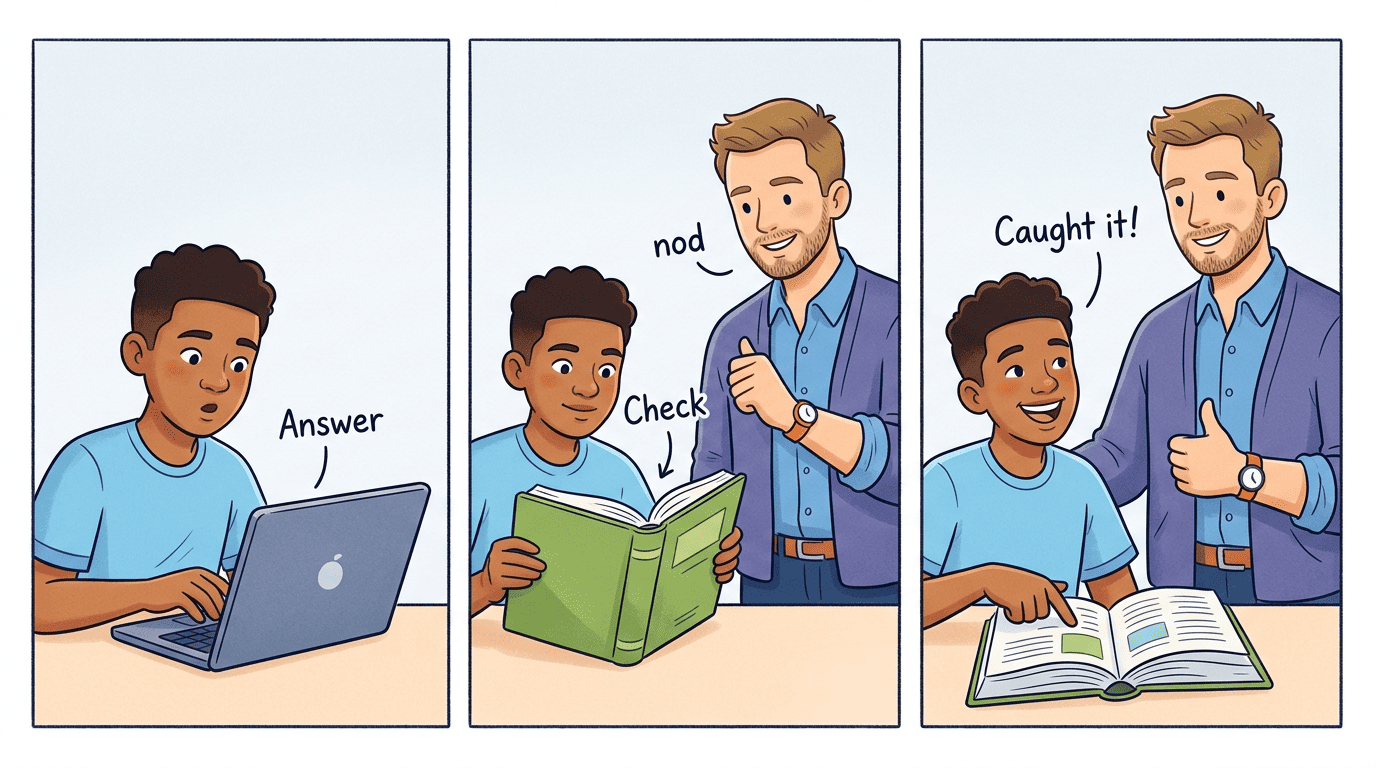 Comic strip of a student reading an AI answer, checking a book, and catching an error while Leo the teacher cheers