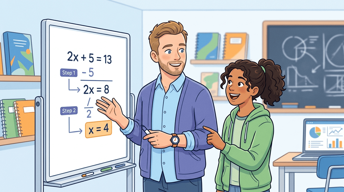 An AI teacher for math walking a student through an equation step by step at a whiteboard