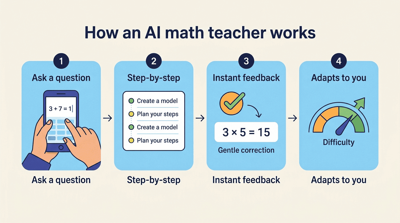 Four-step diagram of how an AI math teacher works: ask a question, step-by-step, instant feedback, adapts to you