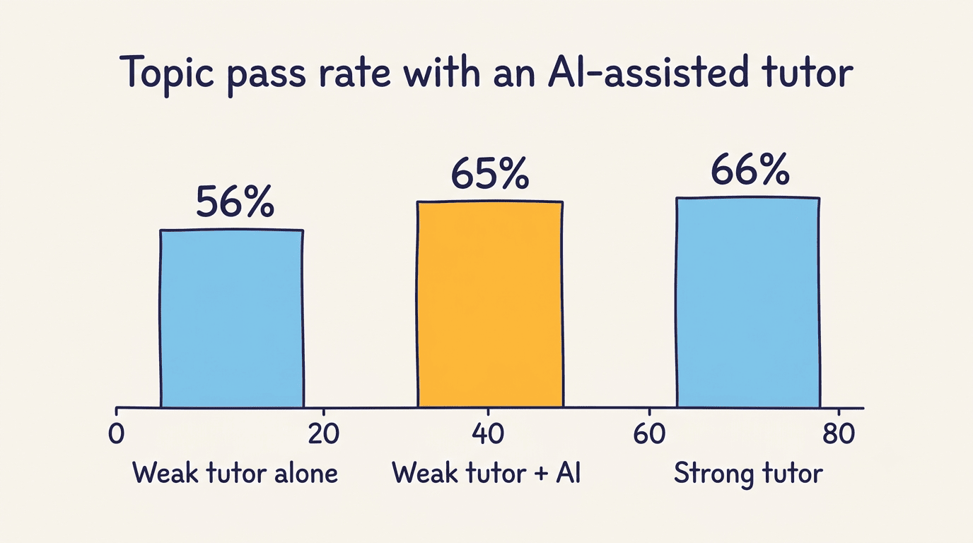 Bar chart of topic pass rate: 56% for a weak tutor alone, 65% with AI help, 66% for a strong tutor