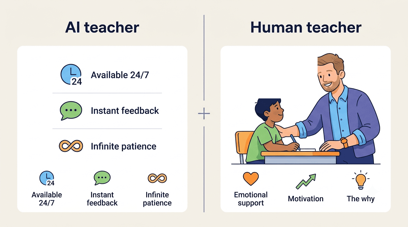 Side-by-side comparison of what an AI teacher does better versus a human math teacher