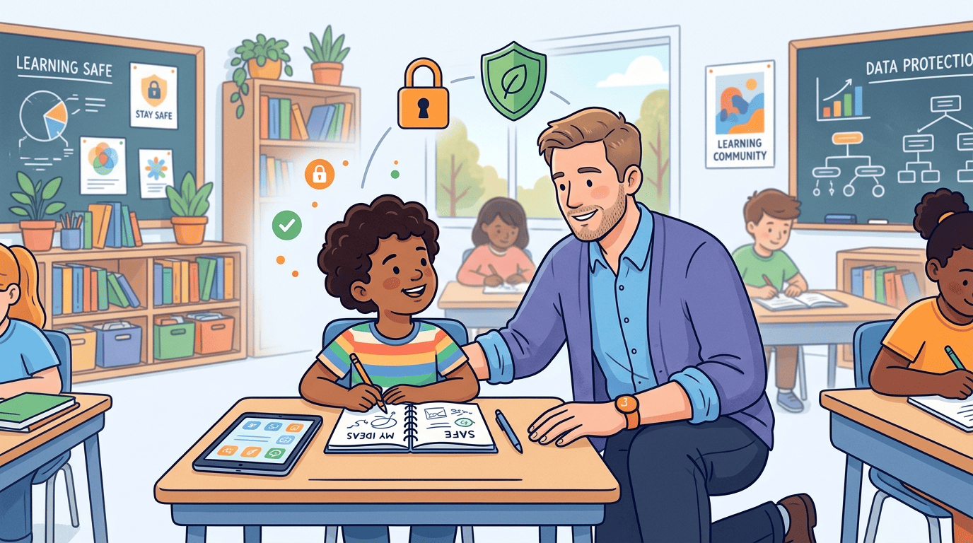 A teacher safeguarding a child's notebook and tablet with a padlock and shield, showing that an AI teacher is safe only when the child's data is protected