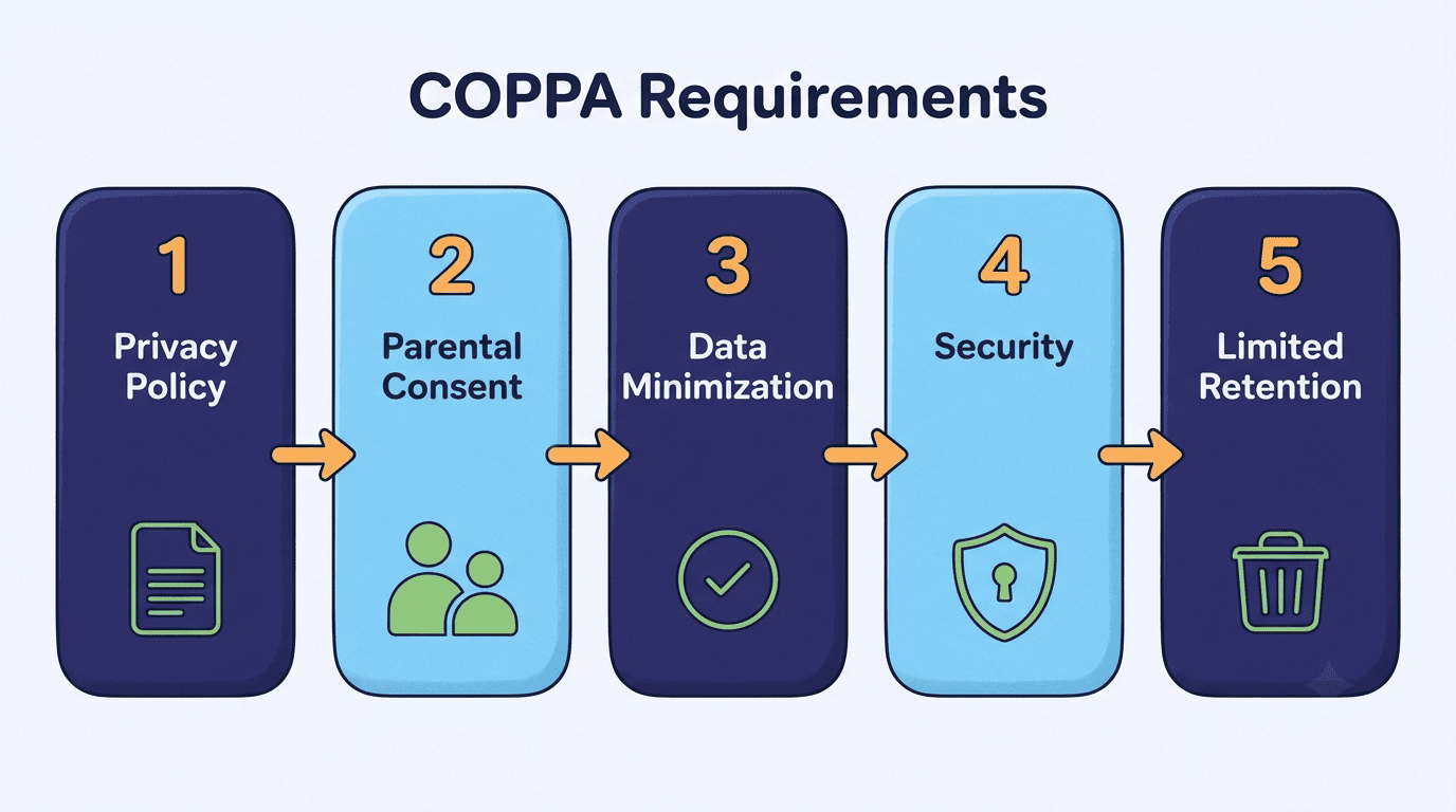 Five COPPA requirements shown as a step-by-step flow: privacy policy, parental consent, data minimization, security, and limited retention