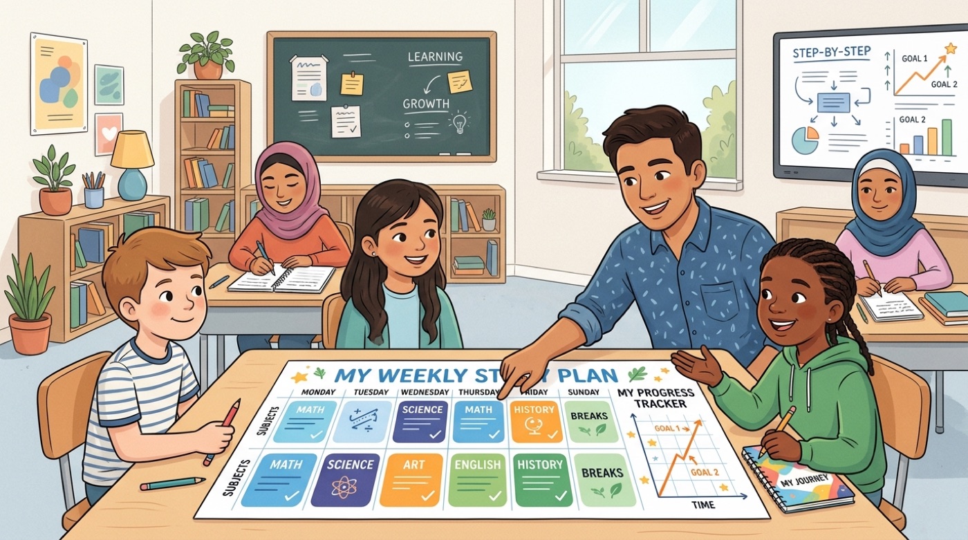 A weekly study planner with subject blocks and a rising progress chart