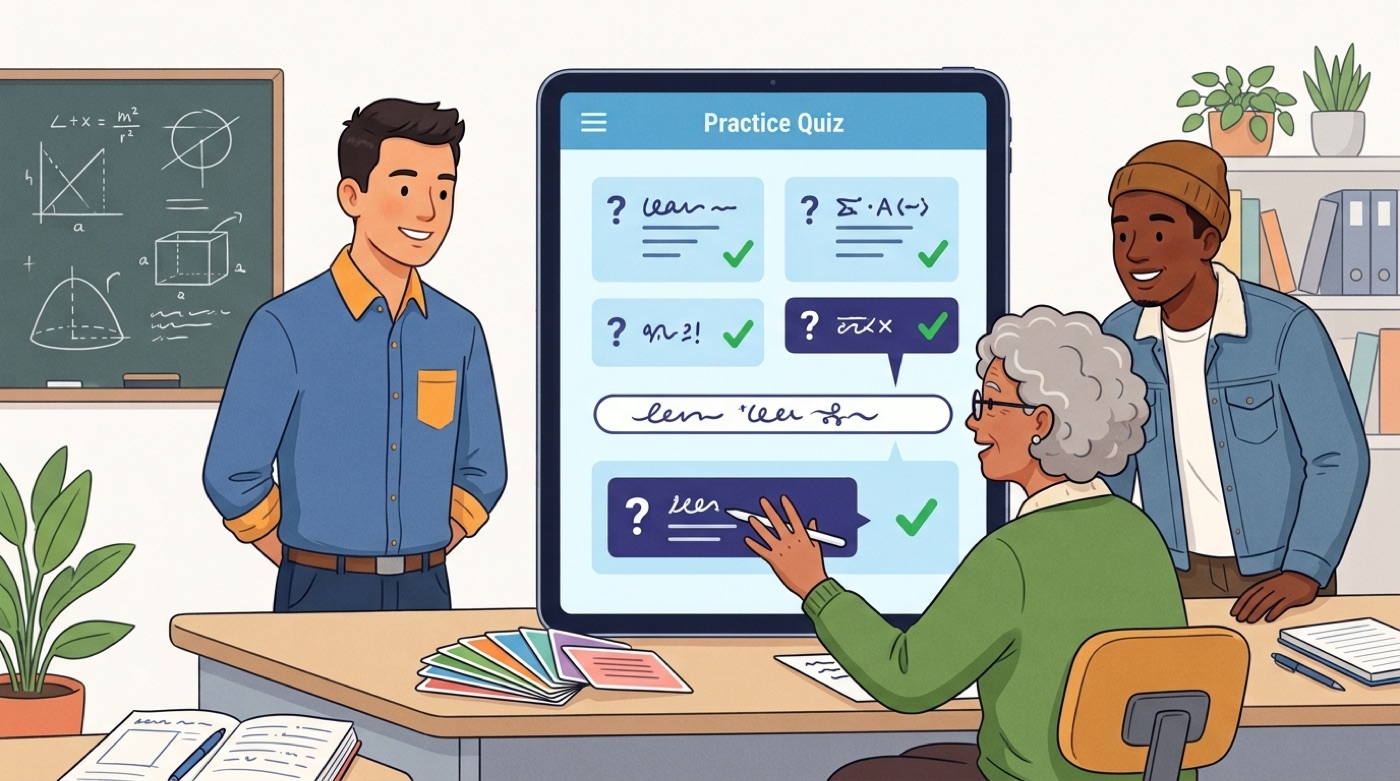 A practice quiz with green checkmarks and a progress bar, used to check understanding safely