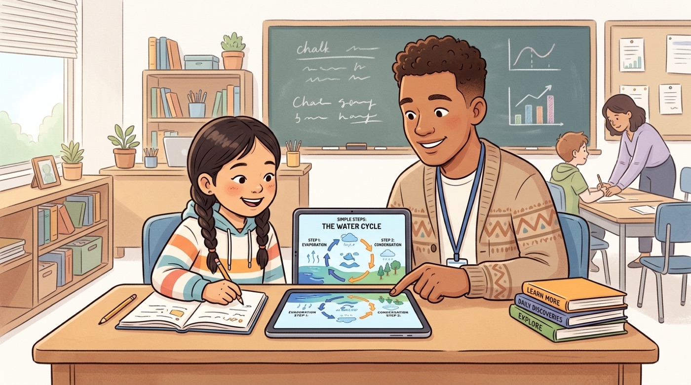 An AI teacher helping a student with a step-by-step explanation on a tablet in a bright classroom