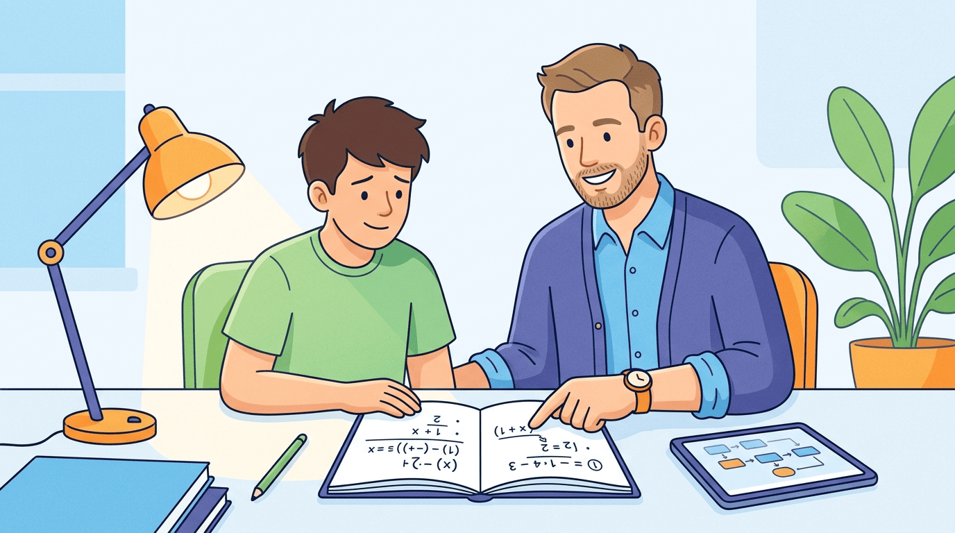 AI teacher Leo guiding a student through a homework problem at an evening desk