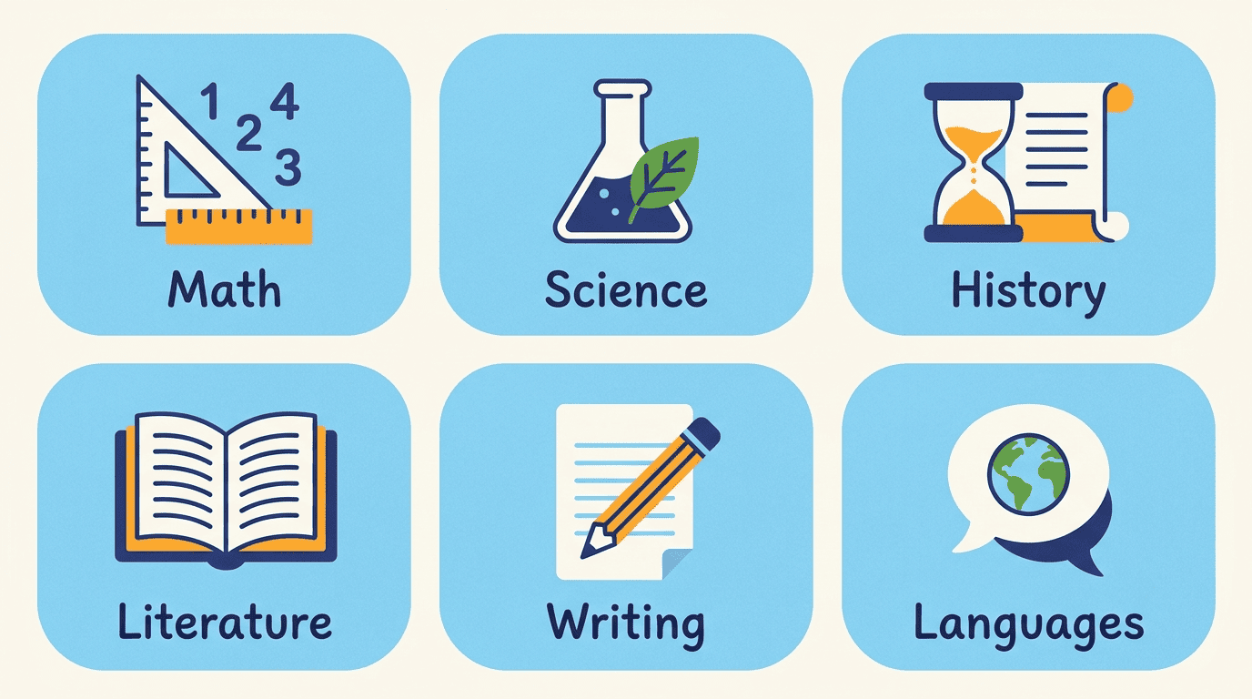 Grid of subjects an AI teacher covers: math, science, history, literature, writing, languages