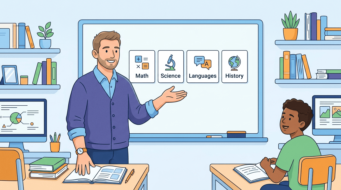 An AI teacher named Leo presenting subject cards for math, science, languages, and history to an engaged student