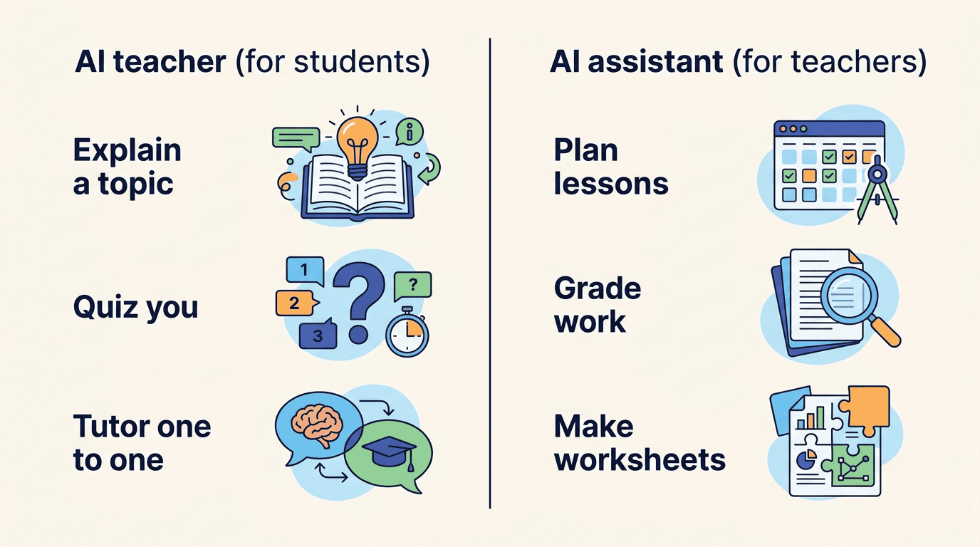 Split screen: an AI teacher for students explains, quizzes and tutors, while an AI assistant for teachers plans, grades and makes worksheets