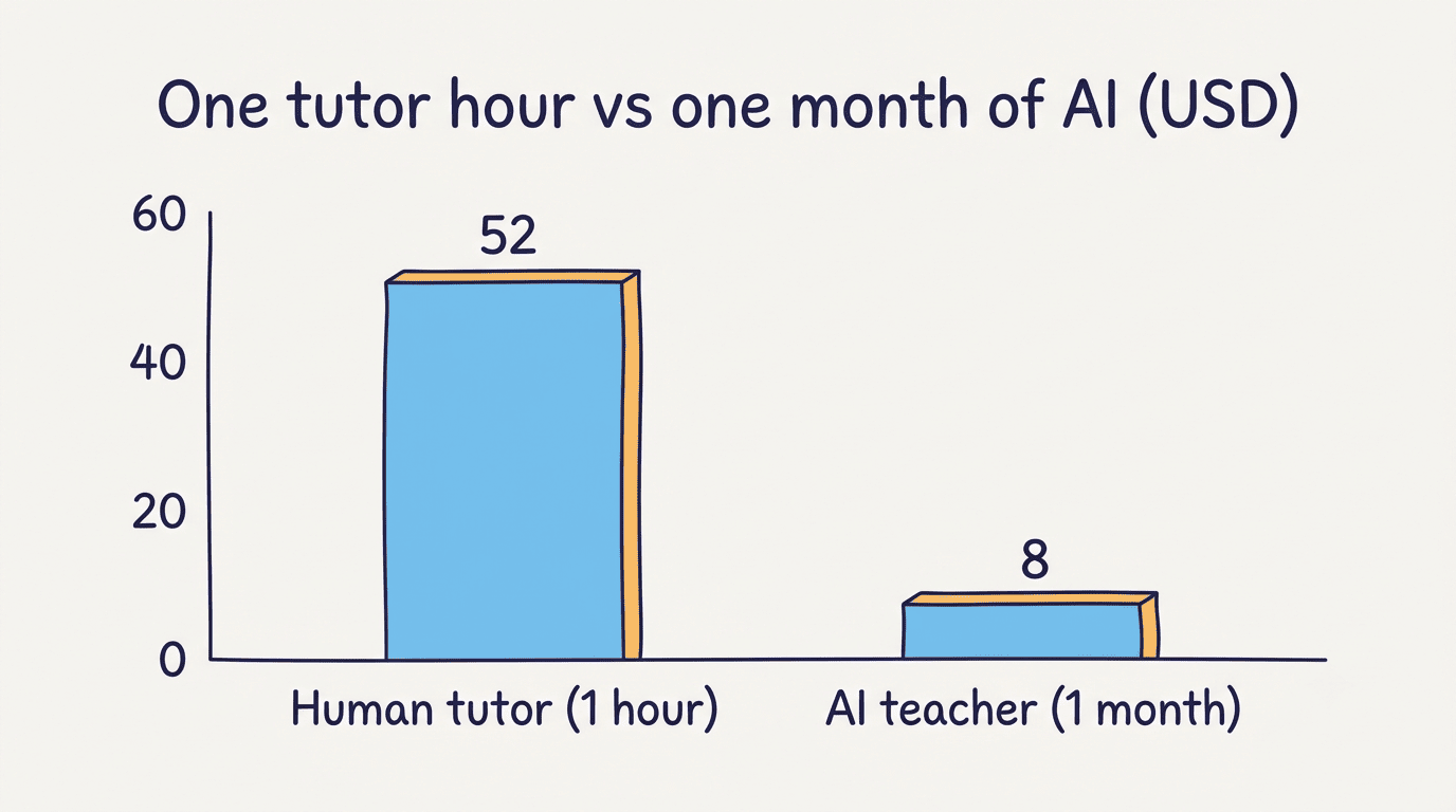 Bar chart comparing one hour of a human tutor at 52 dollars with a full month of an AI teacher at 8 dollars