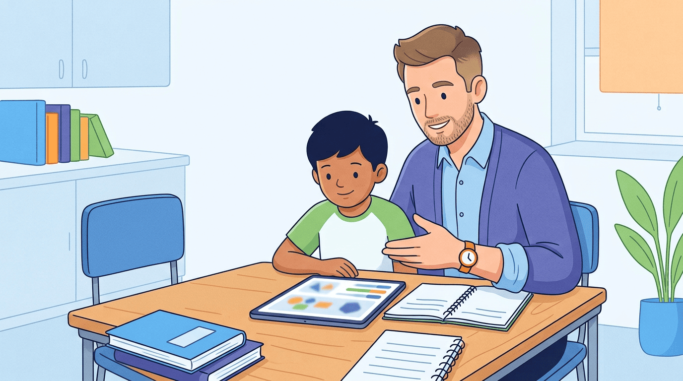 A human teacher sitting beside a student who is using a tutoring app on a tablet, working together