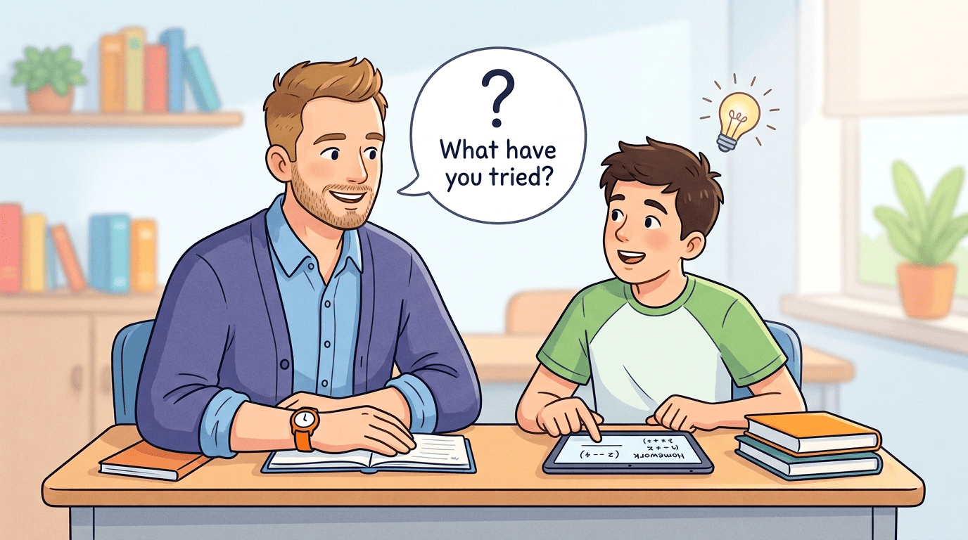 An AI teacher answers a student's homework question with a guiding question instead of the solution